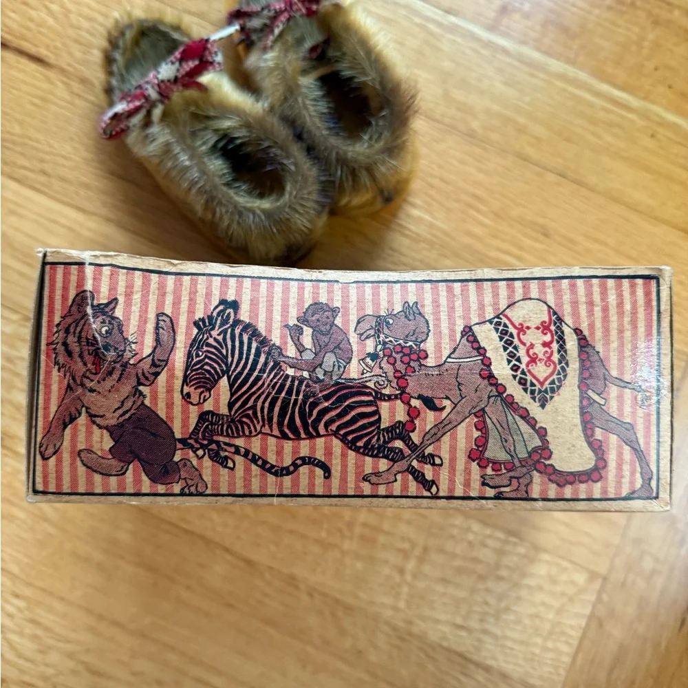 Vintage 60’s Zoo Pets Brand Seal Fur Moccasin Slippers with Red Plaid Bow